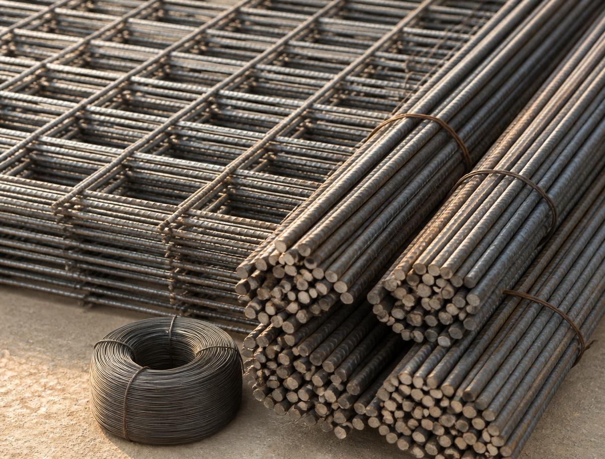 Close-up of steel reinforcing mesh, rebar bundles and tie wire supplied by Elliott Timber Sales