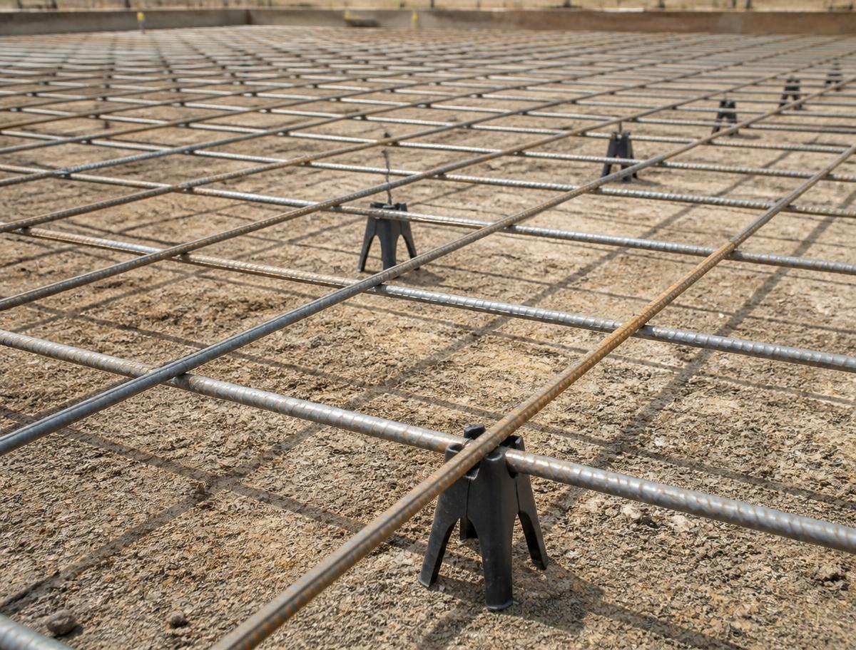 Steel reinforcing mesh laid out on bar chairs over a concrete slab prep site in Mount Isa